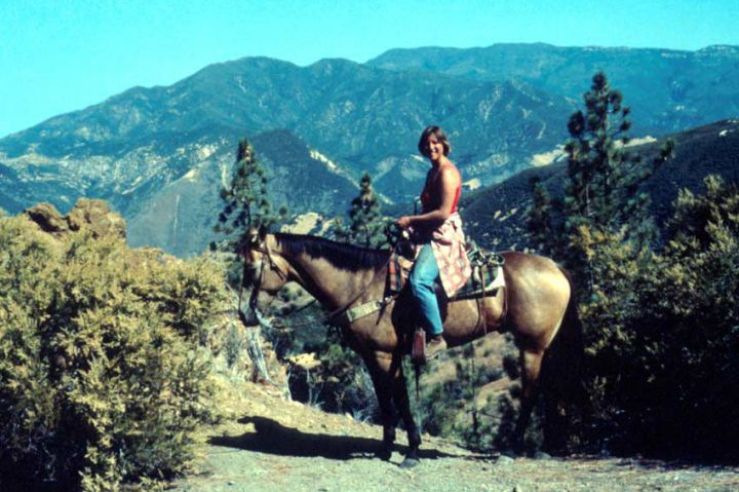 A woman sitting on horseback, viewing out towards mountains in the distance.